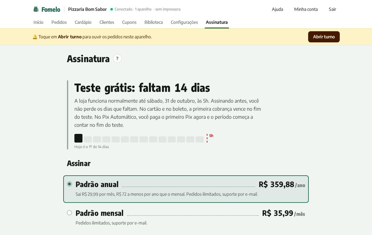 Tela Assinatura com o teste grátis, os planos e as formas de pagamento