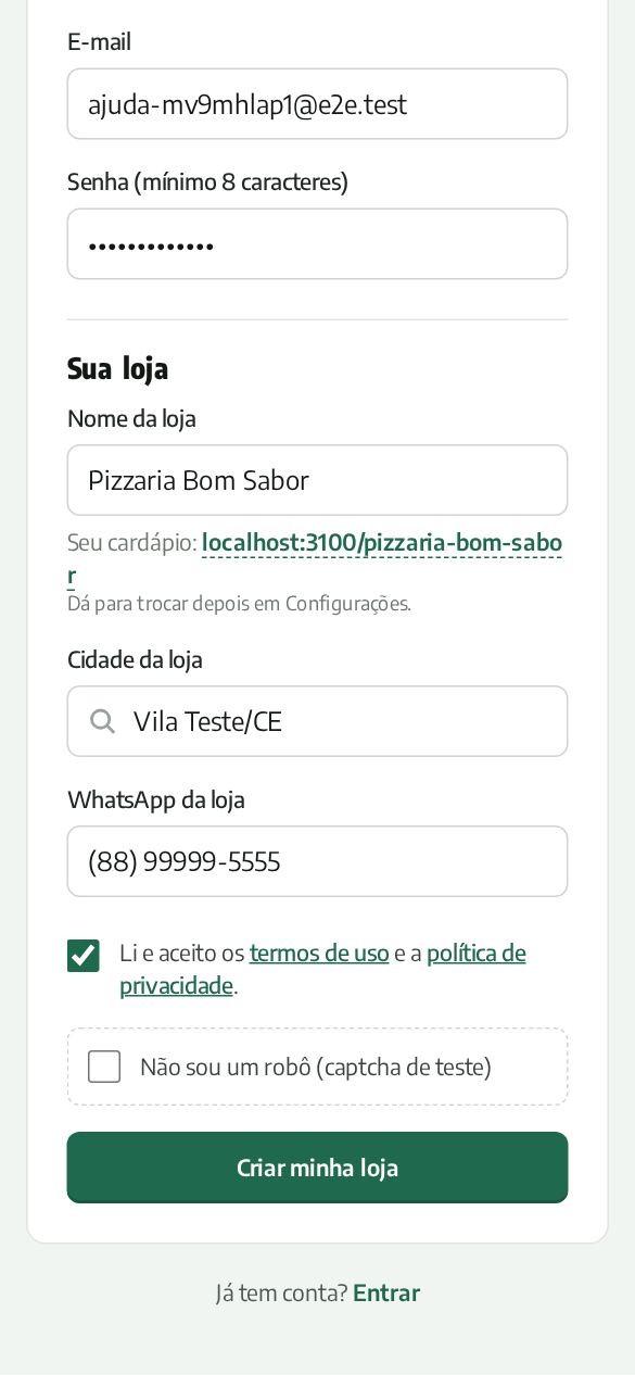 Tela de cadastro no celular, com nome, e-mail, senha, nome da loja, cidade e WhatsApp
