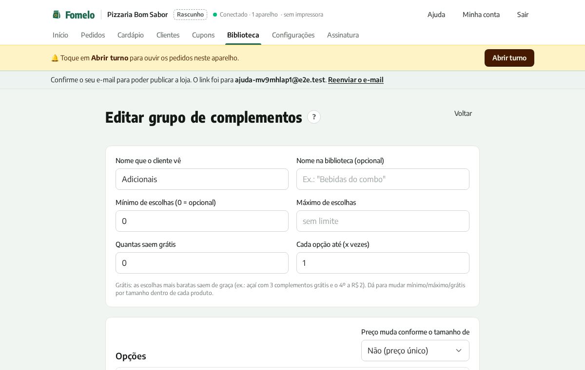 Editor de um grupo de complementos com opções e preços
