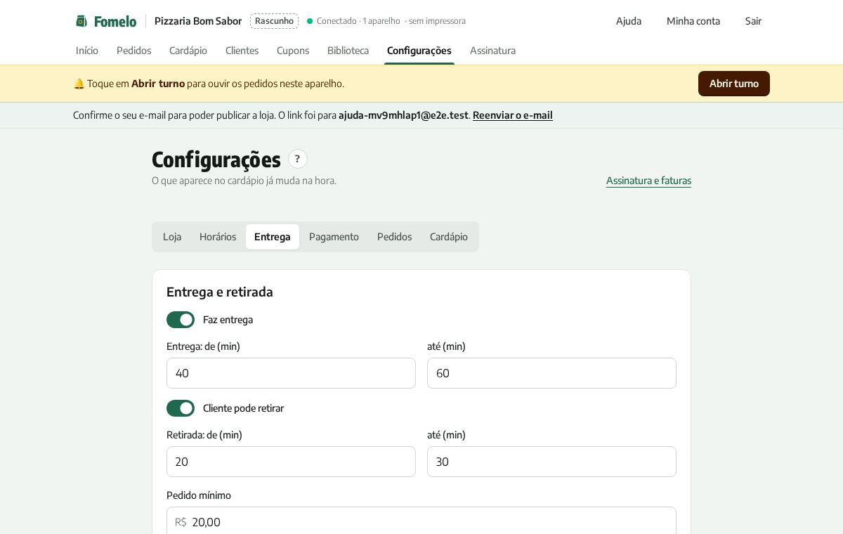 Aba Entrega com os bairros marcados e as taxas