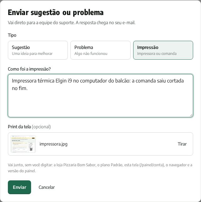 Formulário de enviar sugestão ou problema