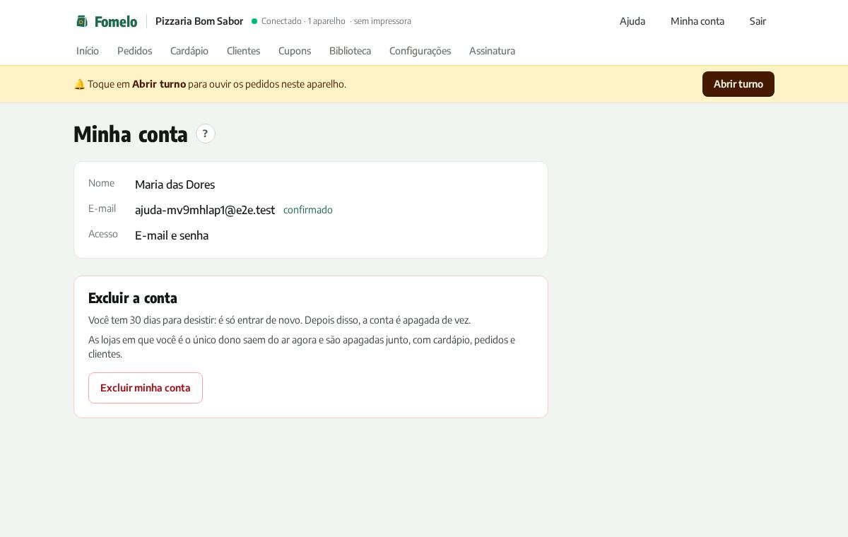 Tela Minha conta com o botão de excluir a conta