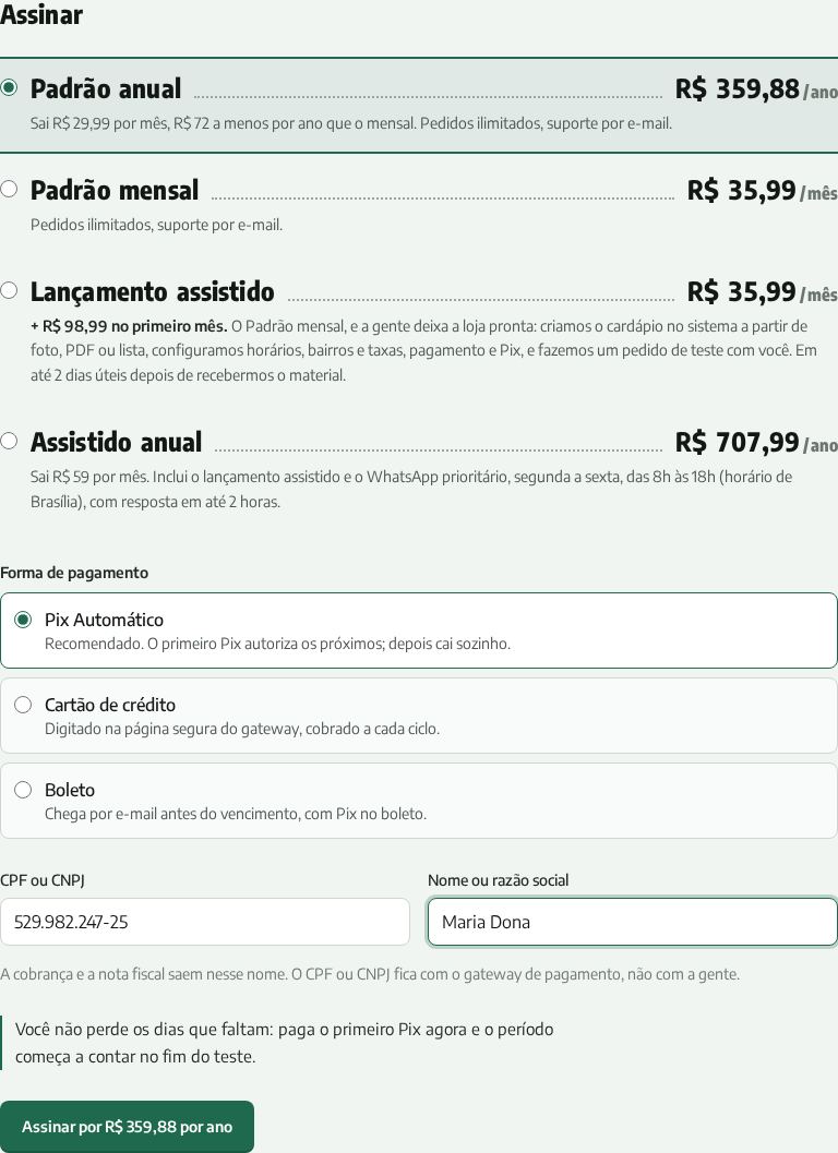 Formulário de assinar com o plano, o ciclo e a forma de pagamento