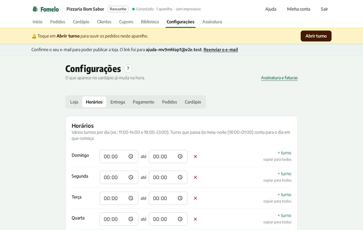 Aba Horários das configurações, com os turnos da semana