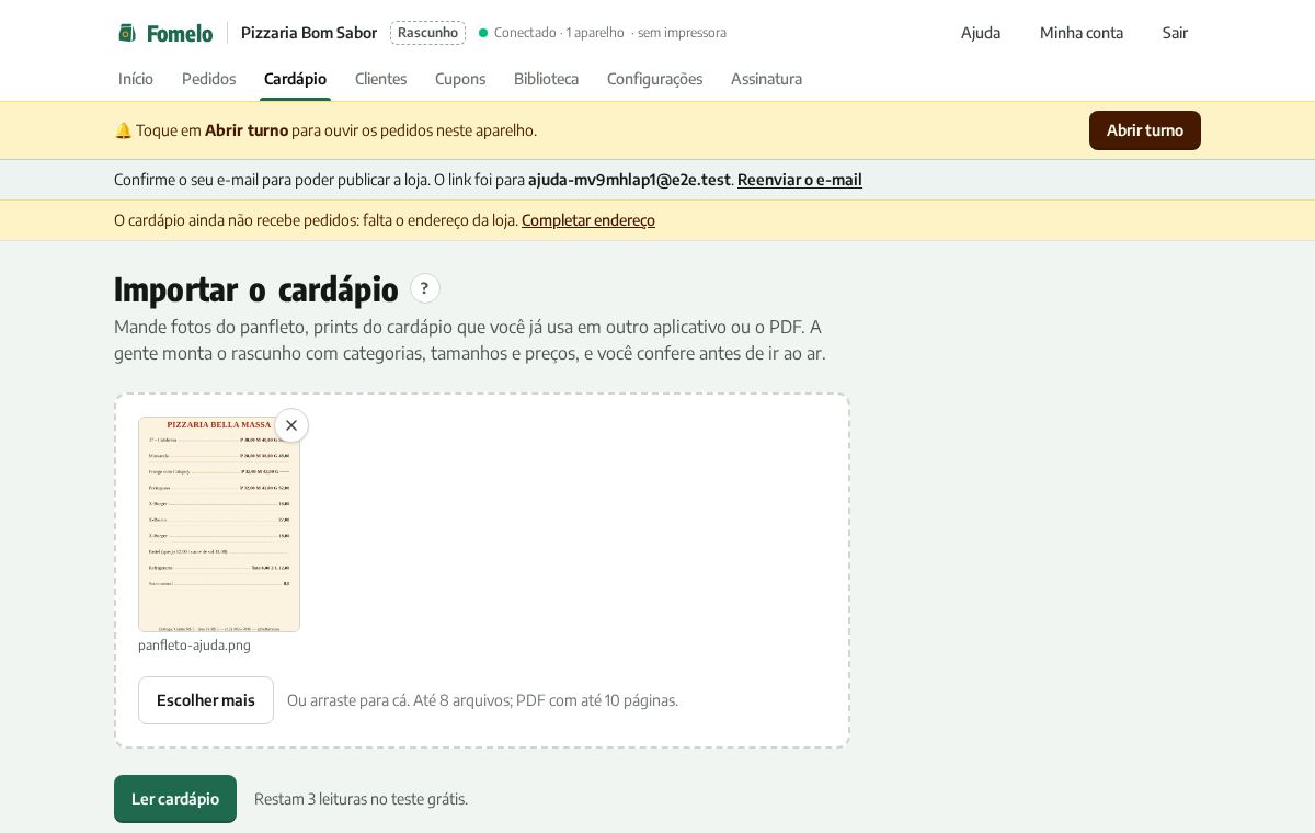 Tela de importar o cardápio com uma foto do panfleto escolhida