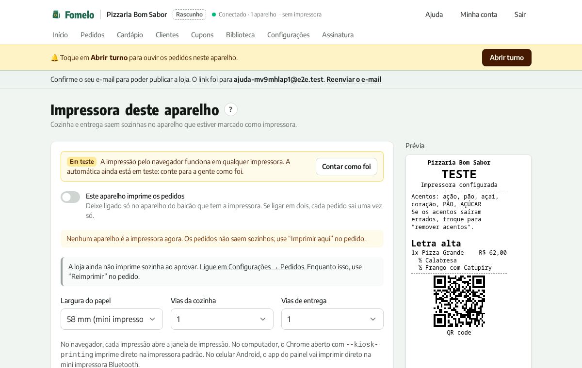 Tela Impressora deste aparelho, com o selo Em teste
