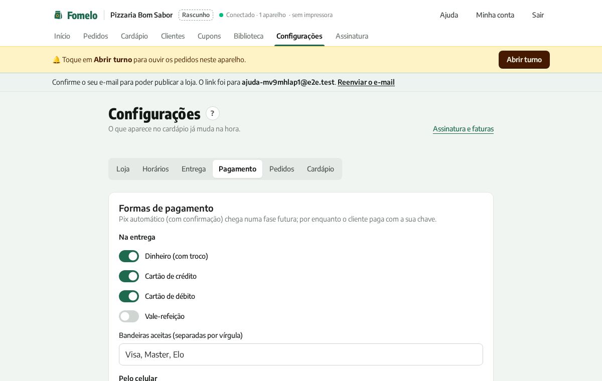 Aba Pagamento com dinheiro, cartão e Pix