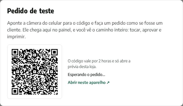 QR code do pedido de teste no painel