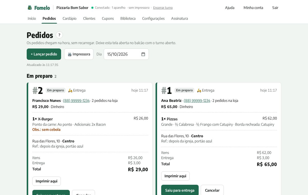Tela de pedidos com dois pedidos aprovados