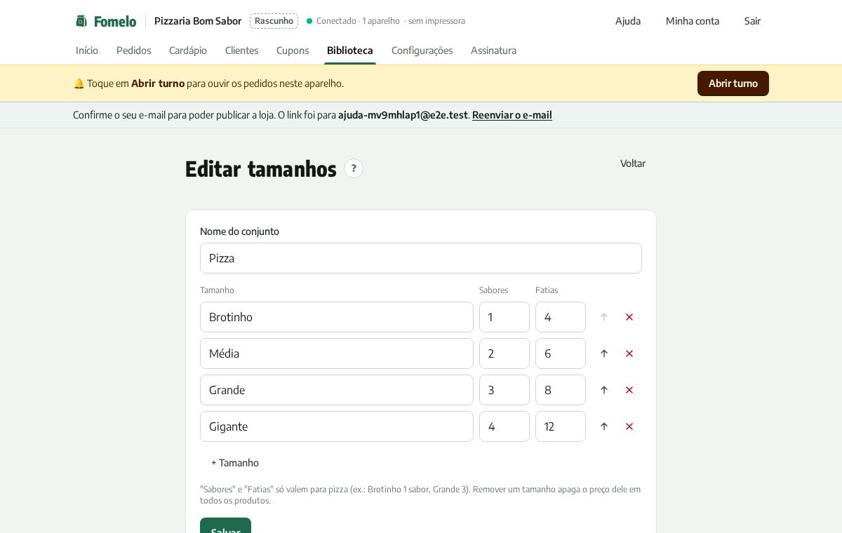 Editor do conjunto de tamanhos de pizza