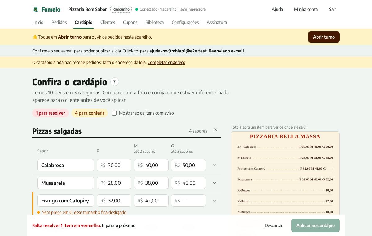 Tela de revisão com itens, preços e avisos
